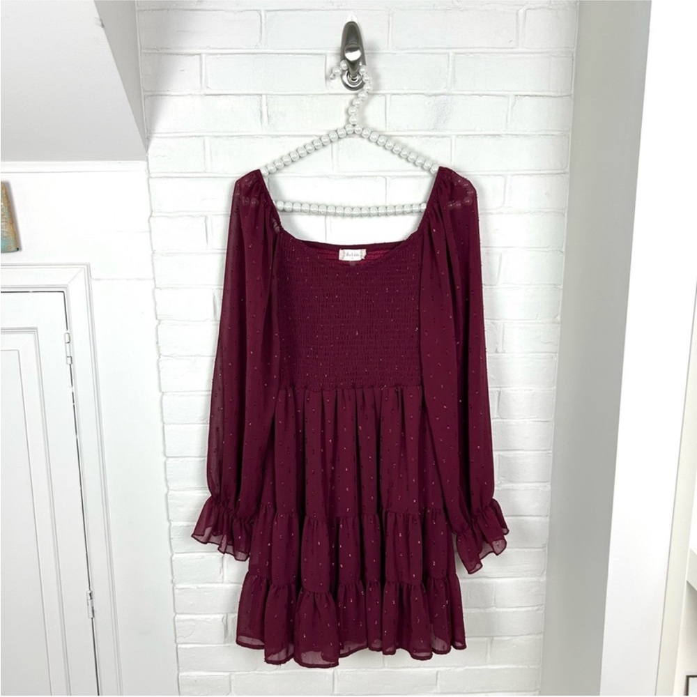 Altar'd State Burgundy Red Tiered Ruffle Shimmer Midi Dress
